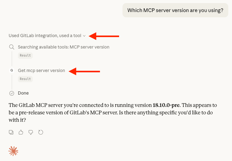 Verify MCP server version with a prompt, and see which tools Claude used