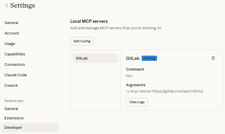 Viewing connected local MCP servers in Claude Desktop