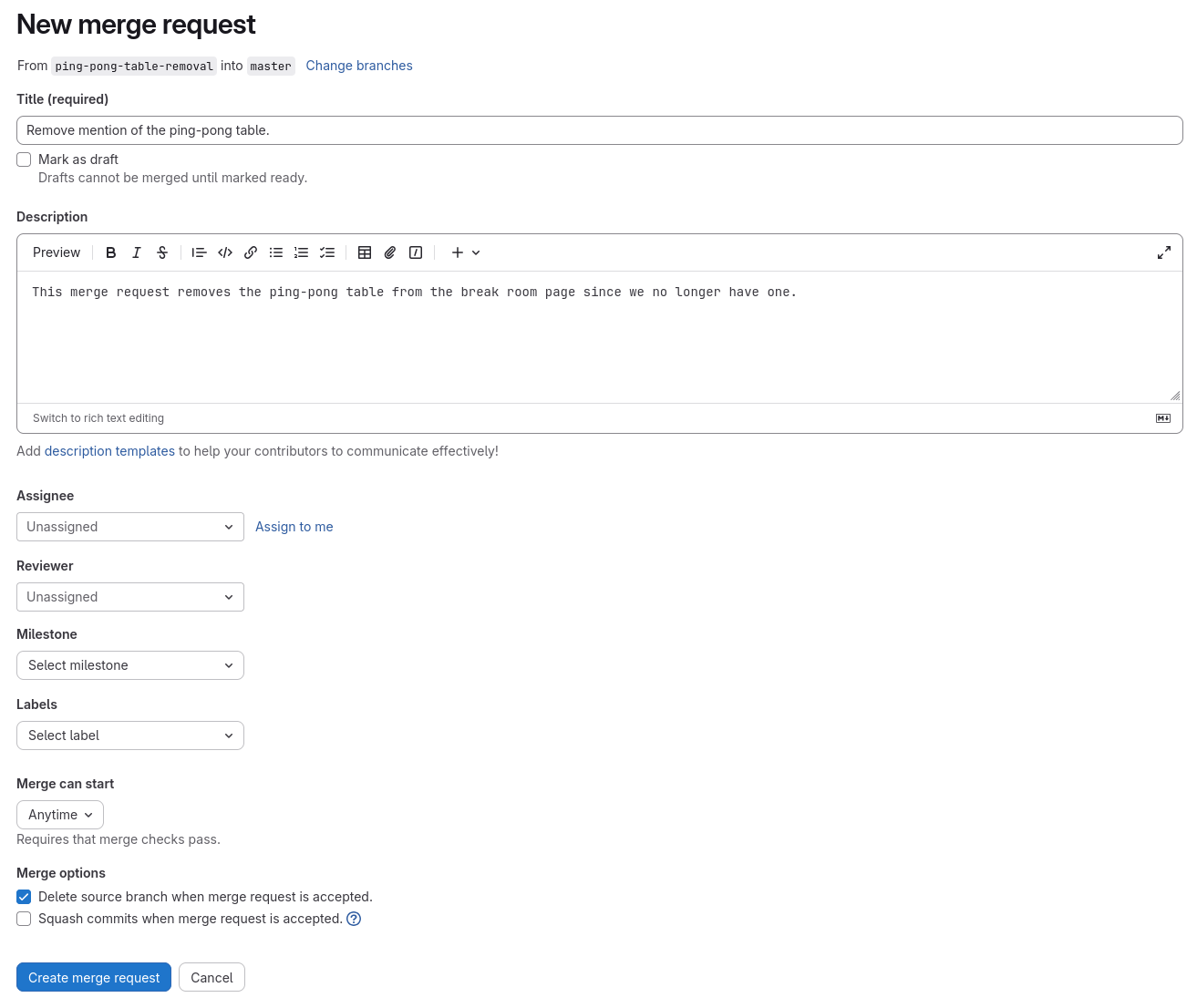 The form of the new merge request, showing the title set as "Remove mention of the ping-pong table" and the description as "This merge request removes the ping-pong table from the break room page since we no longer have one."